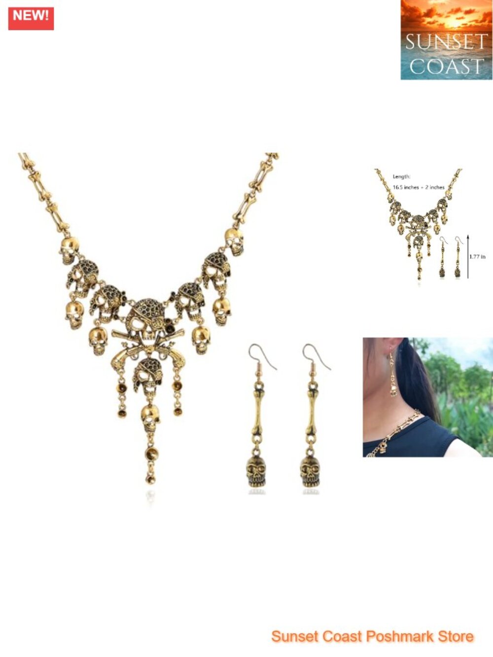 Pirate Skull Tassel Necklace Earrings Set Gothic Halloween Costume Jewelry
